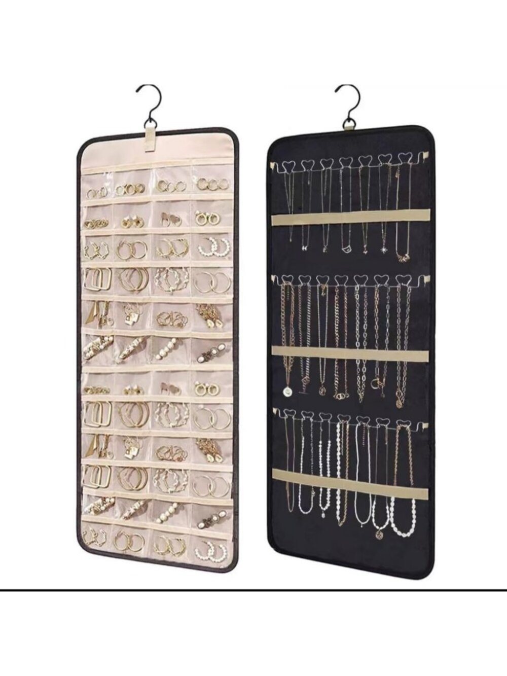 Extra Large Double-Sided Hanging Jewelry Organizer with Metal Hooks for